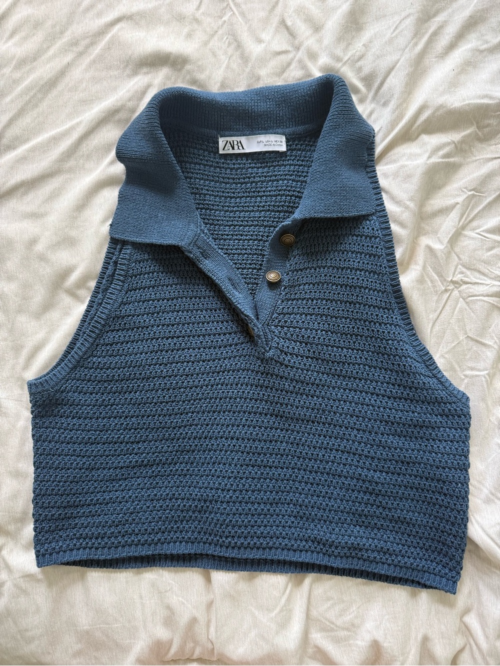 Zara Slate Blue Cropped Knit Polo Sweater Vest